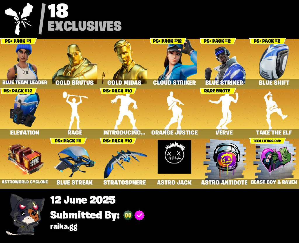 ? 124 SKINS ? Blue Team Leader ✨ Gold Midas ? Gold Brutus ✨ Cloud Striker ? Blue Striker ✨ Eternal Knight ? Ronin ✨ Kymera ✨ Menace ? 1050 VB