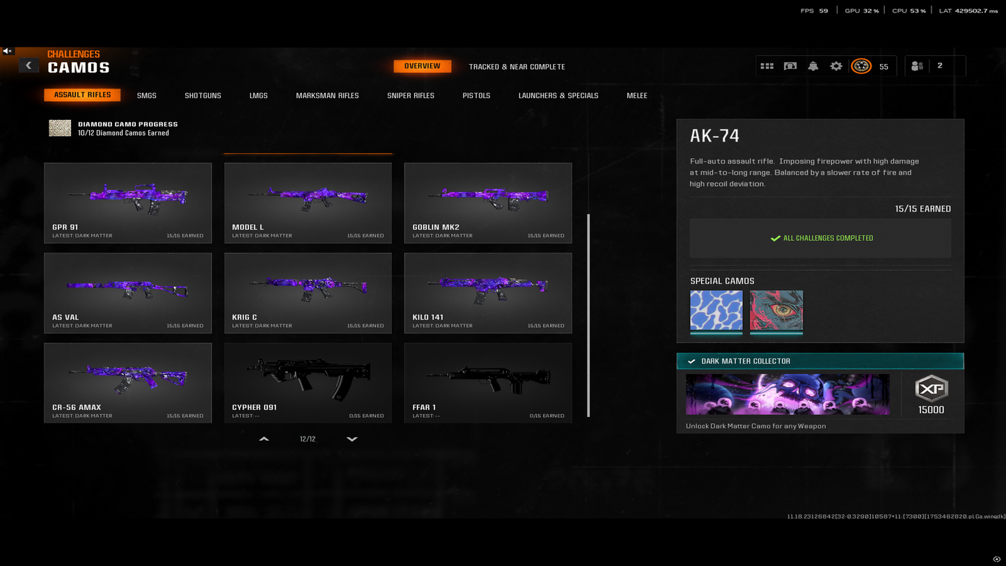 📀 BO6 + WZ4 | ✨ 33x Dark Matter Skins | 🎯 9x META Loadouts (Sniper, Fear1, Krig C, LC10...) 🧱 Level 55 | 🧿 50 Wins Secured | 🎮 Crossplay Ready: Steam • BNET • PSN • Xbox #DvRduK