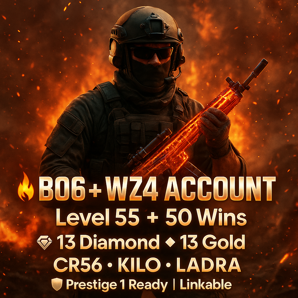 【🚀 BO6 + WZ4 ACCOUNT】✔ 50 Wins & Level 55 🎖️ META Guns: Kilo • CR56 • Ladra w/ 13 Gold + 13 Diamond 📦 195 Total Camos | 🦸 17 Operators 🔓 Prestige 1 Activated | 🌐 Linkable to All Platforms