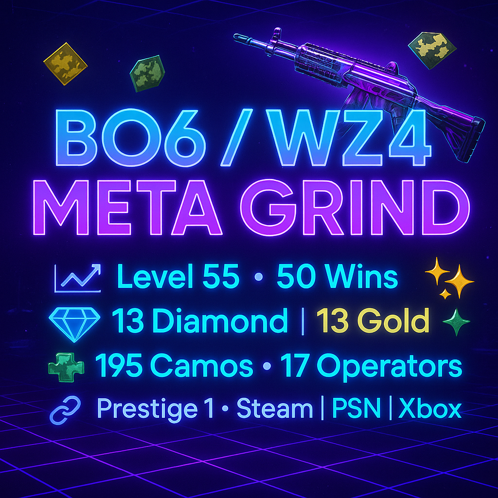 γβ‘ BO6 βΈ± WZ4 PREMIUMγπ§ Level 55 | π― 50 Wins πΆ 13 Diamond | π‘ 13 Gold Camos (Kilo, CR56, Ladra) πΌ 195 Camos + π§ 17 Operators π Steam / BNET / PSN / Xbox | π‘οΈ Prestige Ready