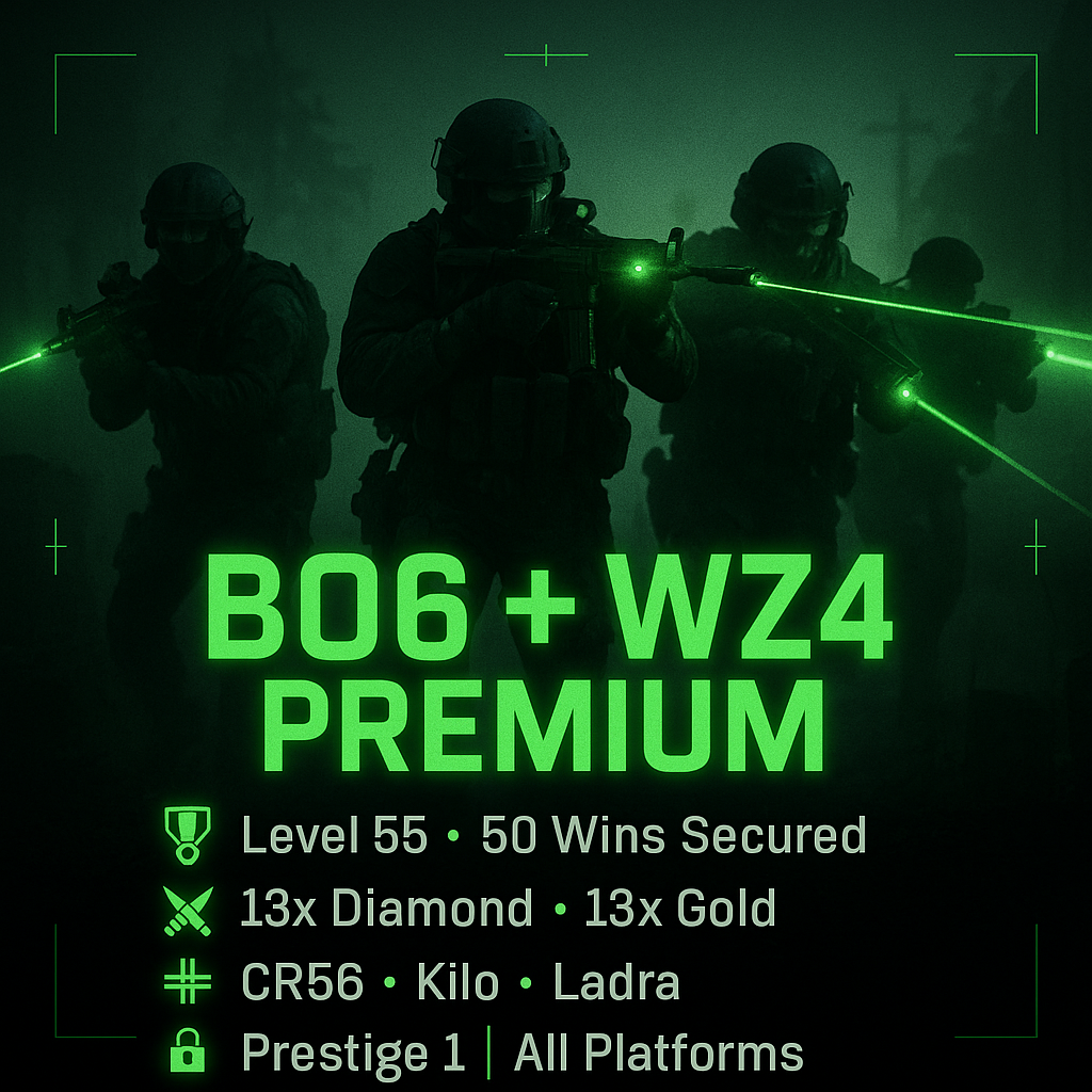 ใ๐ก๏ธ BO6 โธฑ WZ4 ๐ฅใโ๏ธ Level 55 + 50 Wins ๐ 13x Diamond + ๐๏ธ 13x Gold (Best META Guns) โ๏ธ Kilo โข Ladra โข CR56 | ๐งจ 195 Camos โข ๐ฆพ 17 Operators ๐ Linkable to: STEAM / BNET / PSN / XBOX | ๐ฎ Prestige 1 Ready