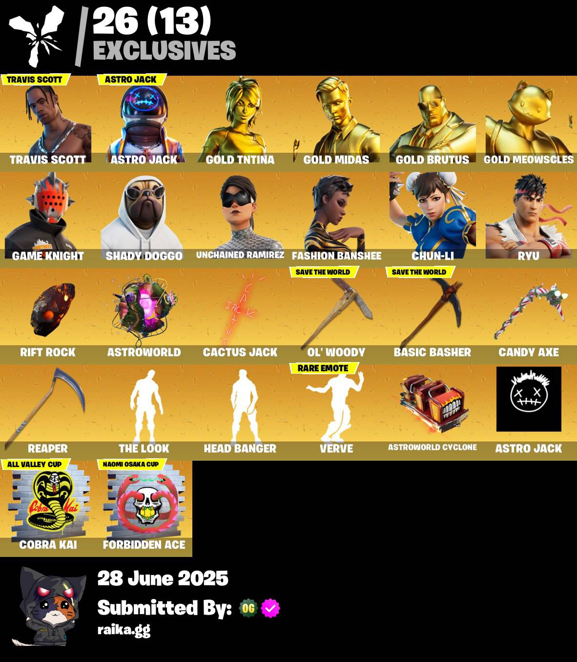⭐🎉𝙎𝙏𝘼𝘾𝙆𝙀𝘿 🎉⭐ 243 SKINS 🔥 Travis Scott 🔥 Astro Jack 🔥 Gold TNTina 🔥 Gold Midas 🔥 Gold Brutus 🔥 Gold Meowscles 🔥Game Knight | Shady Doggo 🔥 Unchained Ramirez 🔥 130 VB