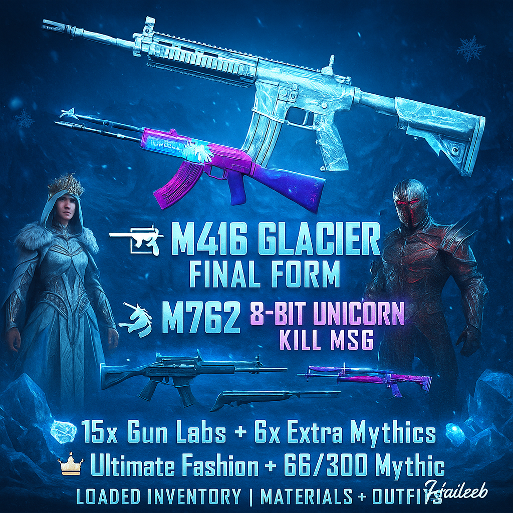 M416 GLACIER FINAL FORM | M762 8-BIT UNICORN KILL MSG | TRIO M416 x M762 x M24 x AWM (KILL MSG COMBO) | MYTHIC FASHION 66/300 | ULTIMATE FASHION 1/10 | 15x GUN-LAB | 6x EXTRA MYTHICS | WINTER HIGHNESS SET ULTIMATE | KILLING MACHINE SET