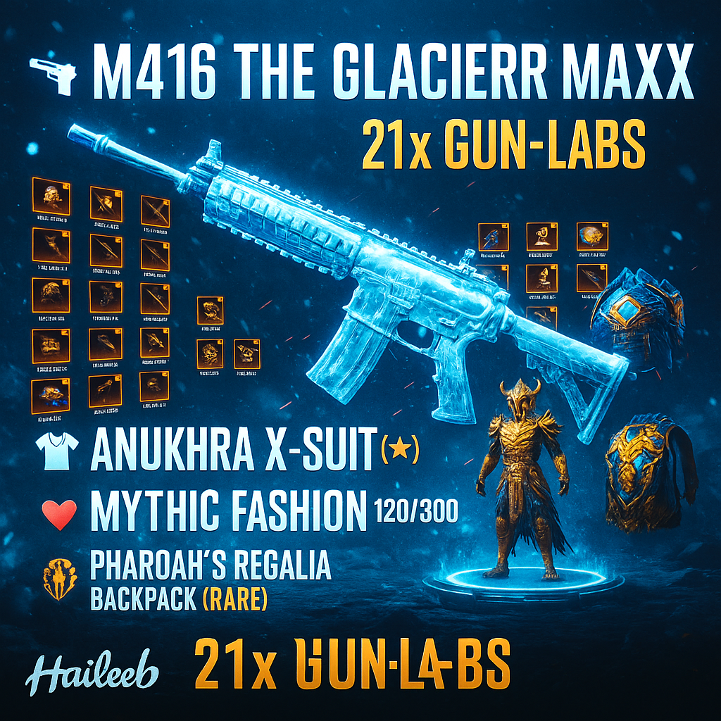 🔫 M416 THE GLACIERR MAXX 🔫 21x GUN-LABSS 🔫 👕 ANUKHRA X-SUIT (2-STAR) ♥️ MYTHIC FASHIONN 120/300 ♥️ 3X GUN-LABSS KILL MSG ♥️ PHAHROAH'S REGALIA BAGPACK RARE