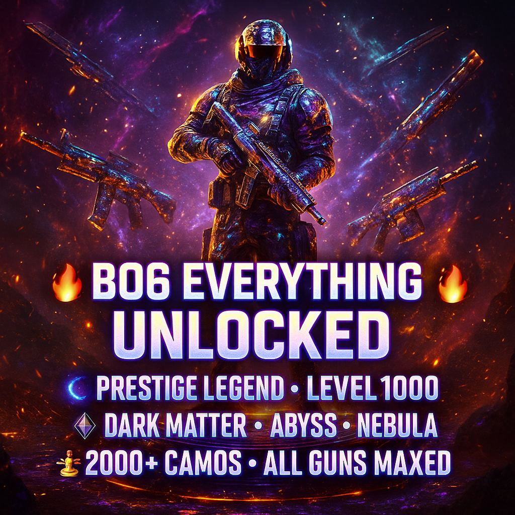 ๐ฅ BO6 EVERYTHING UNLOCKED ๐ฅ Dark Matter + Nebula + Abyss ๐ Prestige Legend ๐ Level 1000 ๐ All Guns Maxed ๐ 2000+ Camos ๐จ Season 3 & 4 Battle Passes Purchased ๐ All Pictures Attached ๐ Full Access ๐ Linkable to: Steam , Battle.net, PSN, Xbox ๐น๏ธ #avKRqu
