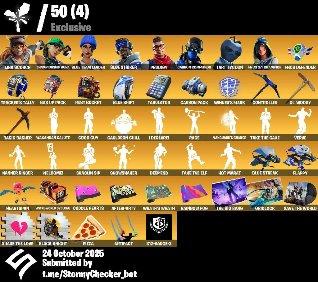 [PC/XBL/NINTENDO] 225 Skins | Lina Scorch | Championship Aura| Blue Team Leader| Blue Striker |Prodigy | Controller | Ol' Woody | Basic Basher | S12-Badge-3 | 100 VB