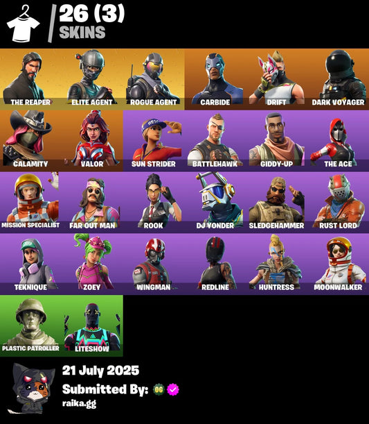 ⭐[PC/PSN/XBOX] 26 skins | The Reaper | Elite Agent | Take The L | Rogue Agent | Carbide | Drift | Dark Voyager | Calamity | Valor | Sun Strider | Battlehawk | 350 VB
