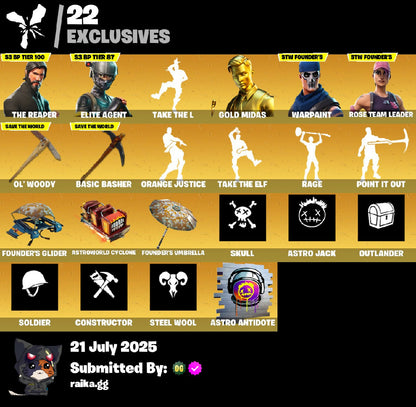 [PC/PSN/XBOX] ✨ 68 skins ✨ OG STW ✨ The Reaper ✨ Elite Agent ✨ Take The L ✨ Gold Midas ✨ Gear Specialist Maya ✨ Blackheart ✨ The Visitor ✨Zenith ✨ The Prisoner ✨ 1400 VB