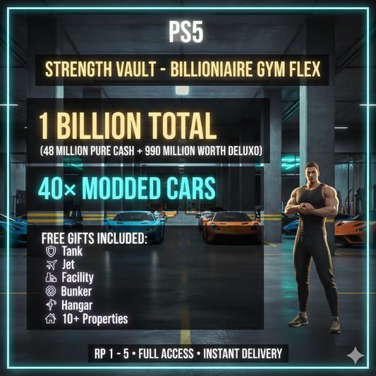 🏋️‍♂️ GTA 5 | PS5 🏋️‍♂️ 1 Billion Total ( 48 Million Pure Cash + 990 Million Worth Deluxo ) 🏋️‍♂️ 40x Modded Cars 🏋️‍♂️ RP 1 + 🏋️‍♂️ Male Character 🏋️‍♂️ Instant Access 🎮 #BYGCuy