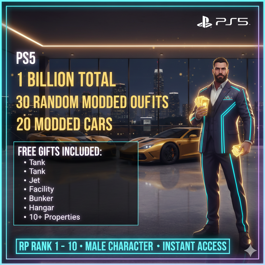 ❤️ PS5 🤑 1 Billion Total 👘 30 Random Modded Outfits 🚗 20 Modded Cars ❤️ RP Rank 1 ⸱ 10 🤑 Male Character 🏋️‍♂️ Instant Access 🎮 #N0EyL1