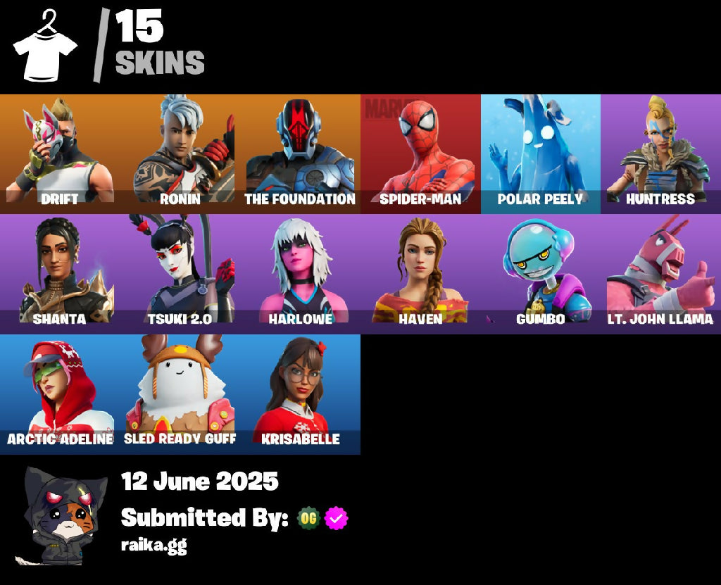 {!CHEAPEST!} 15 skins | Drift | Ronin | The Foundation | Spider-Man | Polar Peely | Huntress | Shanta | Tsuki 2.0 | Harlowe | Haven | Gumbo | Lt. John Llama | 100 VB