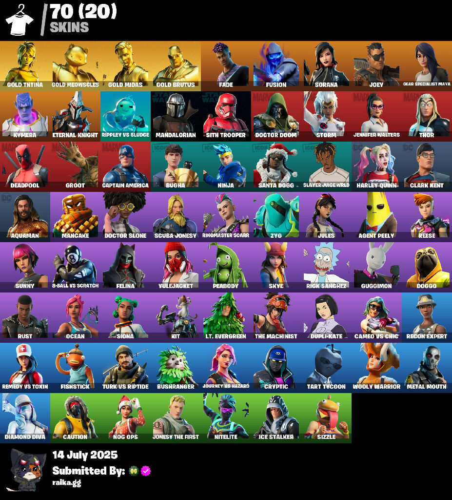 ?70 skins | Gold TNTina | Gold Meowscles | Gold Midas | Gold Brutus | Fade | Fusion | Sorana | Joey | Gear Specialist Maya | Kymera | 320 VB
