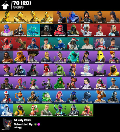?70 skins | Gold TNTina | Gold Meowscles | Gold Midas | Gold Brutus | Fade | Fusion | Sorana | Joey | Gear Specialist Maya | Kymera | 320 VB