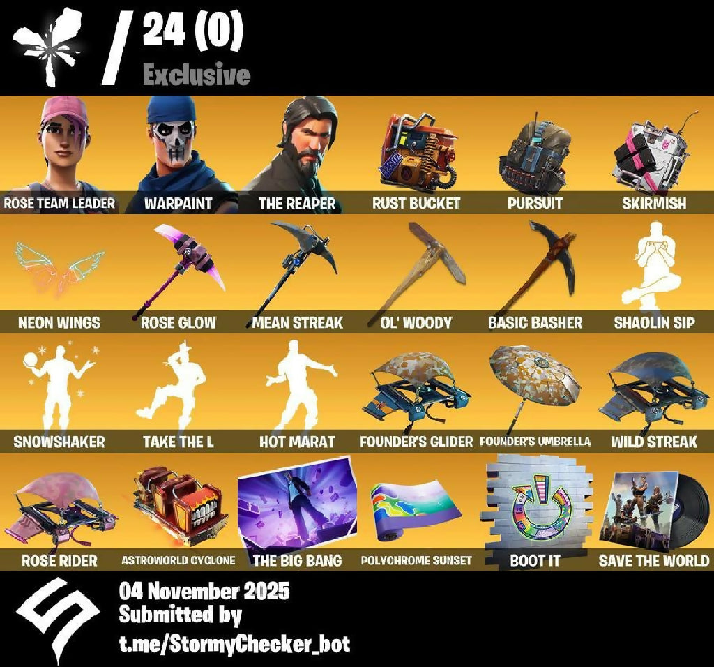 ?107 skins ? OG STW | The Reaper | Elite Agent | Take The L | Gold Midas | Rogue Agent | Valor | Paradigm (Reality-659) | Carbide | Ronin | 50 VB