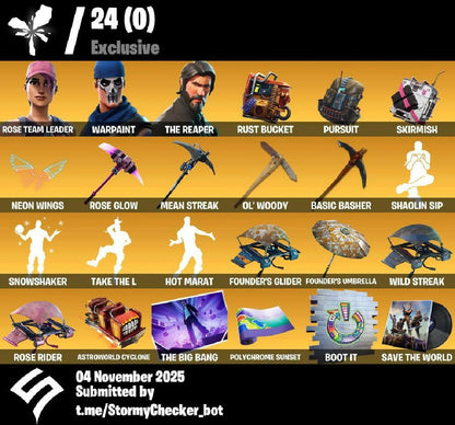 ?107 skins ? OG STW | The Reaper | Elite Agent | Take The L | Gold Midas | Rogue Agent | Valor | Paradigm (Reality-659) | Carbide | Ronin | 50 VB