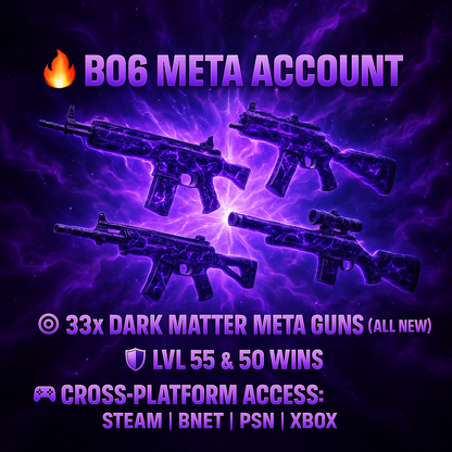 📀 BO6 & WZ4 | 🚧 33x Dark Matter Hand Leveled 9x Meta Guns Loadouts (Snipers , Fear1, C56,Kilo,Ladra,Lc10,KrigC,HDR) | 🪙 500+ Premium Camos | 🧱 Level 55 | 🧿 50 Ranked Wins | 🗺️ Crossplay: Steam • BNET • PSN • Xbox