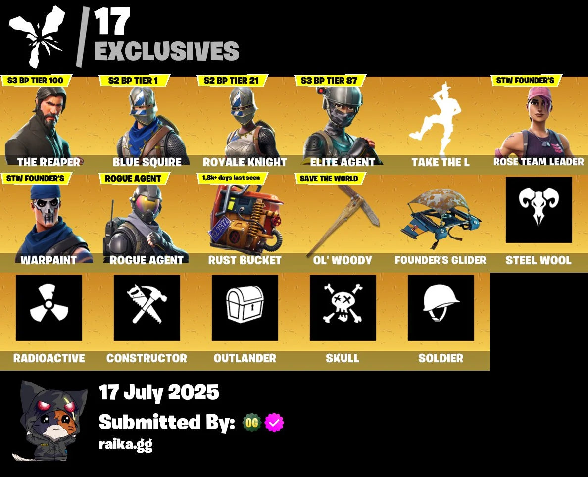 ⭐[PC/PSN/XBOX]⭐30 skins 🎉 OG STW 🎉 The Reaper ⚡ Blue Squire ⚡ Royale Knight ⚡ Elite Agent ✨ Take The L ✨ Rogue Agent | Dark Voyager | Battle Hound | Power Chord | 1650 VB