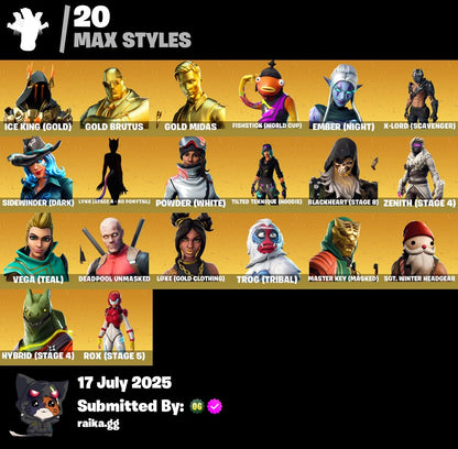 59 skins | OG STW | Gold Brutus | Fishstick (World Cup) | Gold Midas | Trilogy | Carbon Commando | Prodigy | John Wick | Rox | The Ice King