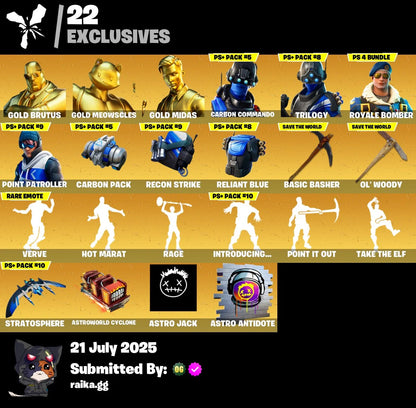 🎯[PC/PSN/XBOX]🎯 107 skins 🔥 Gold Brutus ✨ Gold Meowscles ⚡ Gold Midas 🔥 Carbon Commando 🚨 Trilogy 🚨 Royale Bomber ✨ Point Patroller 🔥 The Origin ⚡Snap |✔️ 50 VB