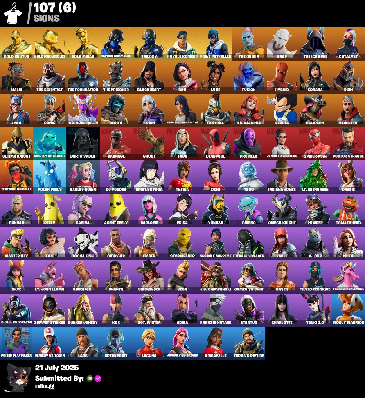 🎯[PC/PSN/XBOX]🎯 107 skins 🔥 Gold Brutus ✨ Gold Meowscles ⚡ Gold Midas 🔥 Carbon Commando 🚨 Trilogy 🚨 Royale Bomber ✨ Point Patroller 🔥 The Origin ⚡Snap |✔️ 50 VB