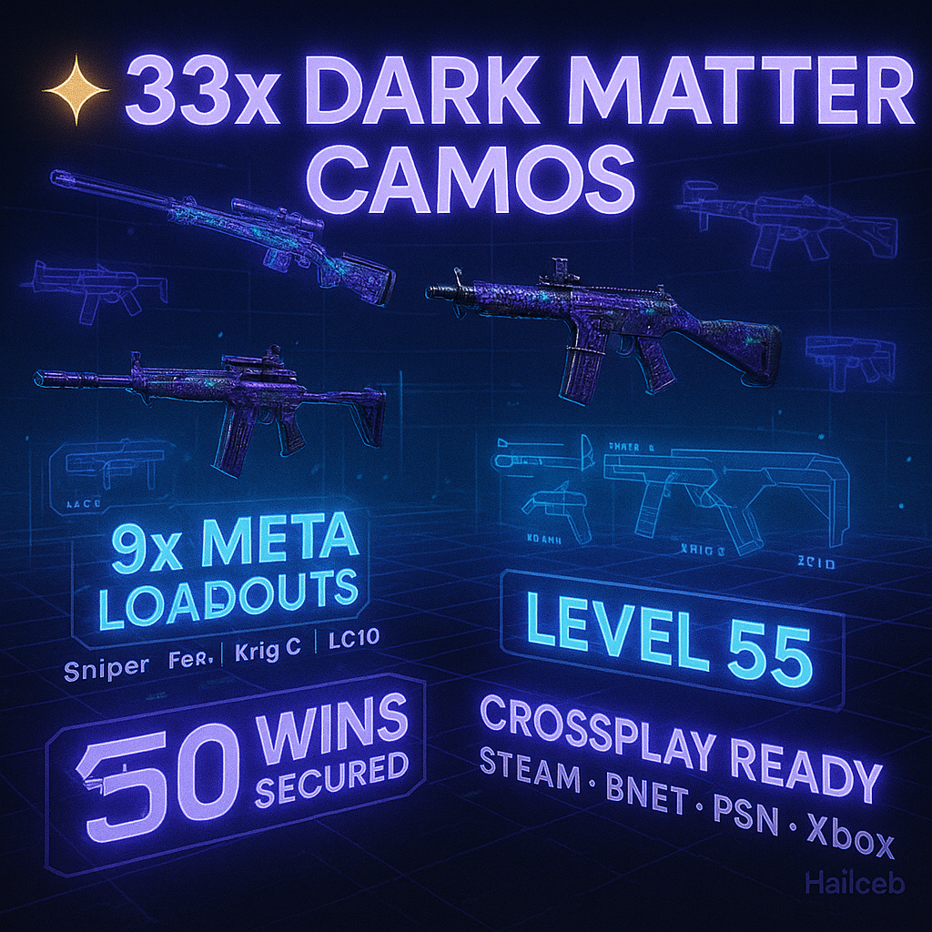 📀 BO6 + WZ4 | ✨ 33x Dark Matter Skins | 🎯 9x META Loadouts (Sniper, Fear1, Krig C, LC10...) 🧱 Level 55 | 🧿 50 Wins Secured | 🎮 Crossplay Ready: Steam • BNET • PSN • Xbox #DvRduK