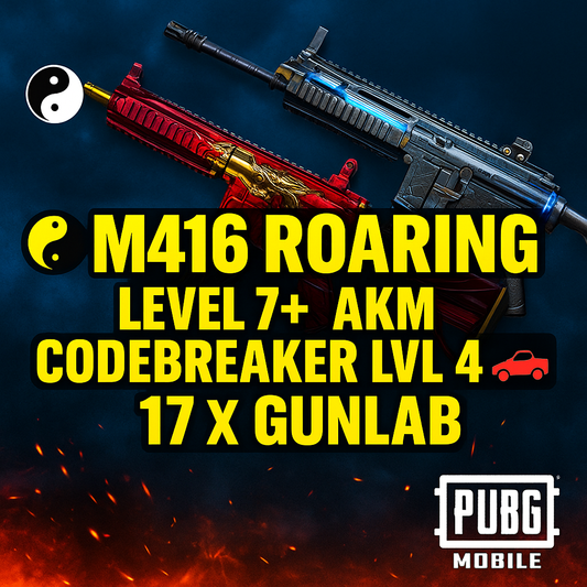 ☯️ M416 ROARING + AKM COMBO 🔥 | ANUKHRA X-SUIT STAR-2 ⭐ | M416 ROARING LVL 7 ❄️ | AKM CODEBREAKER LVL 4 🔐 | 17 X GUNLAB 💥 | BLACKSHARK DIVING SET 🌊 | KILLING MACHINE SET 💣 | 54 MYTHICS 💎 | ACCOUNT LVL 71 📈 | VIP HELMET, BAG, & VEHICLE SKINS 🏆