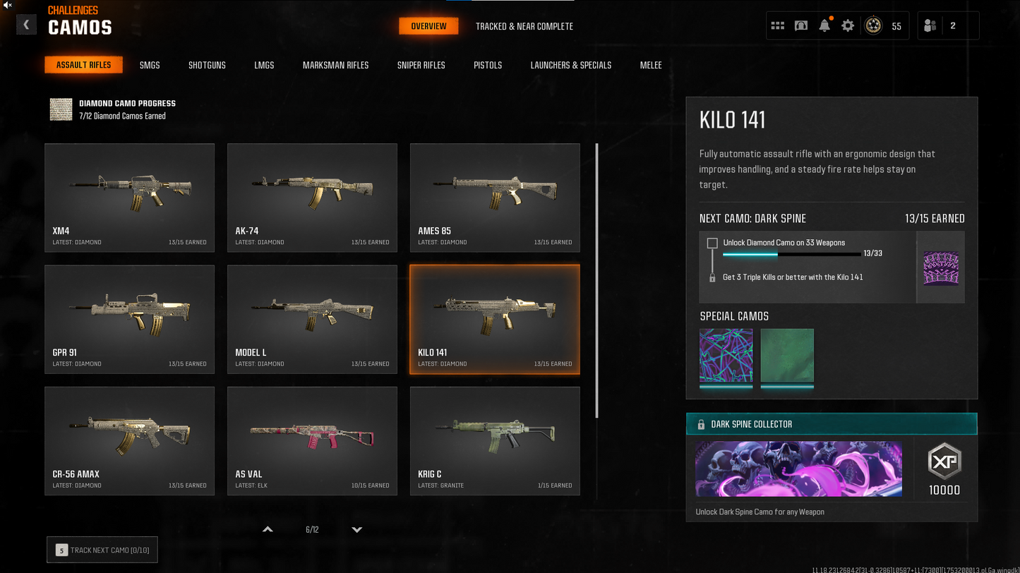 【🌑 BO6 🌑】💍 13 Diamond (Kilo+CR56) 🏅 Level 55 & 50 Wins | 🕹️ BO6 Complete 🔥 195 Camos | 💠 13 Diamond | 🏆 15 Gold 🦹 18 Operators | 🌐 Multiplatform #C4jae9