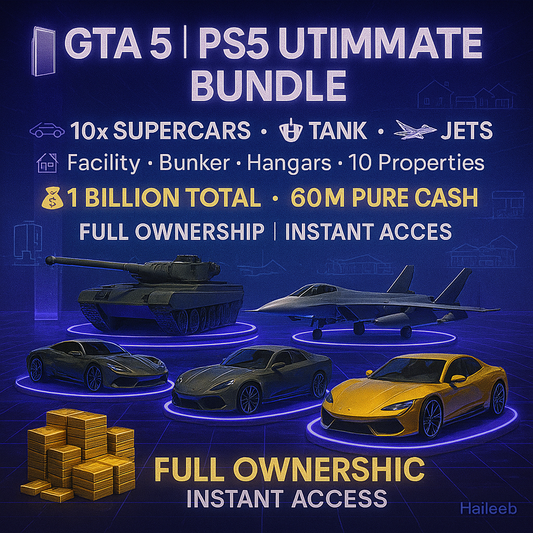 🏒 GTA 5 | PS5 🌿 1 Billion Total 💵 (💰 60M Pure Cash + 🚗 Cars) 🦜 10x Supercars • 🛡️ 1x Tank • ✈️ 2x Jets 🏢 Facility • 🧱 Bunker • 🛩️ Hangars • 🏠 10 Properties ⚡ FIVE STAR PACKAGE ⭐ • 🔫 Full Arsenal • 🚀 Elite Level Ready 🎮 #BPKerT