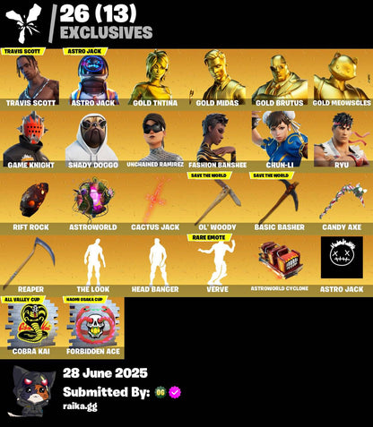 ⭐🎉𝙎𝙏𝘼𝘾𝙆𝙀𝘿 🎉⭐ 243 SKINS 🔥 Travis Scott 🔥 Astro Jack 🔥 Gold TNTina 🔥 Gold Midas 🔥 Gold Brutus 🔥 Gold Meowscles 🔥Game Knight | Shady Doggo 🔥 Unchained Ramirez 🔥 130 VB