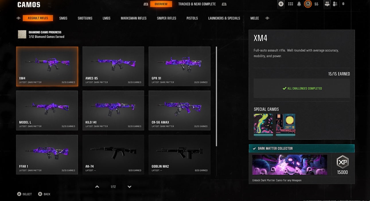 📀 BO6 & WZ4 | 🚧 33x Dark Matter Hand Leveled 9x Meta Guns Loadouts (Snipers , Fear1, C56,Kilo,Ladra,Lc10,KrigC,HDR) | 🪙 500+ Premium Camos | 🧱 Level 55 | 🧿 50 Ranked Wins | 🗺️ Crossplay: Steam • BNET • PSN • Xbox