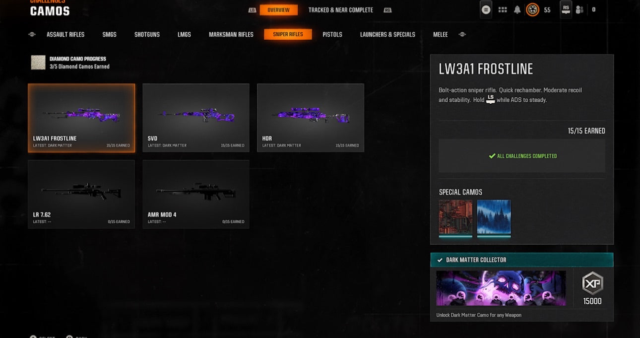 📀 BO6 & WZ4 | 🚧 33x Dark Matter Hand Leveled 9x Meta Guns Loadouts (Snipers , Fear1, C56,Kilo,Ladra,Lc10,KrigC,HDR) | 🪙 500+ Premium Camos | 🧱 Level 55 | 🧿 50 Ranked Wins | 🗺️ Crossplay: Steam • BNET • PSN • Xbox