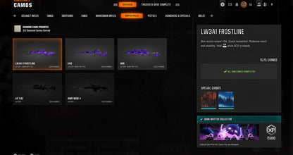 📀 BO6 & WZ4 | 🚧 33x Dark Matter Hand Leveled 9x Meta Guns Loadouts (Snipers , Fear1, C56,Kilo,Ladra,Lc10,KrigC,HDR) | 🪙 500+ Premium Camos | 🧱 Level 55 | 🧿 50 Ranked Wins | 🗺️ Crossplay: Steam • BNET • PSN • Xbox