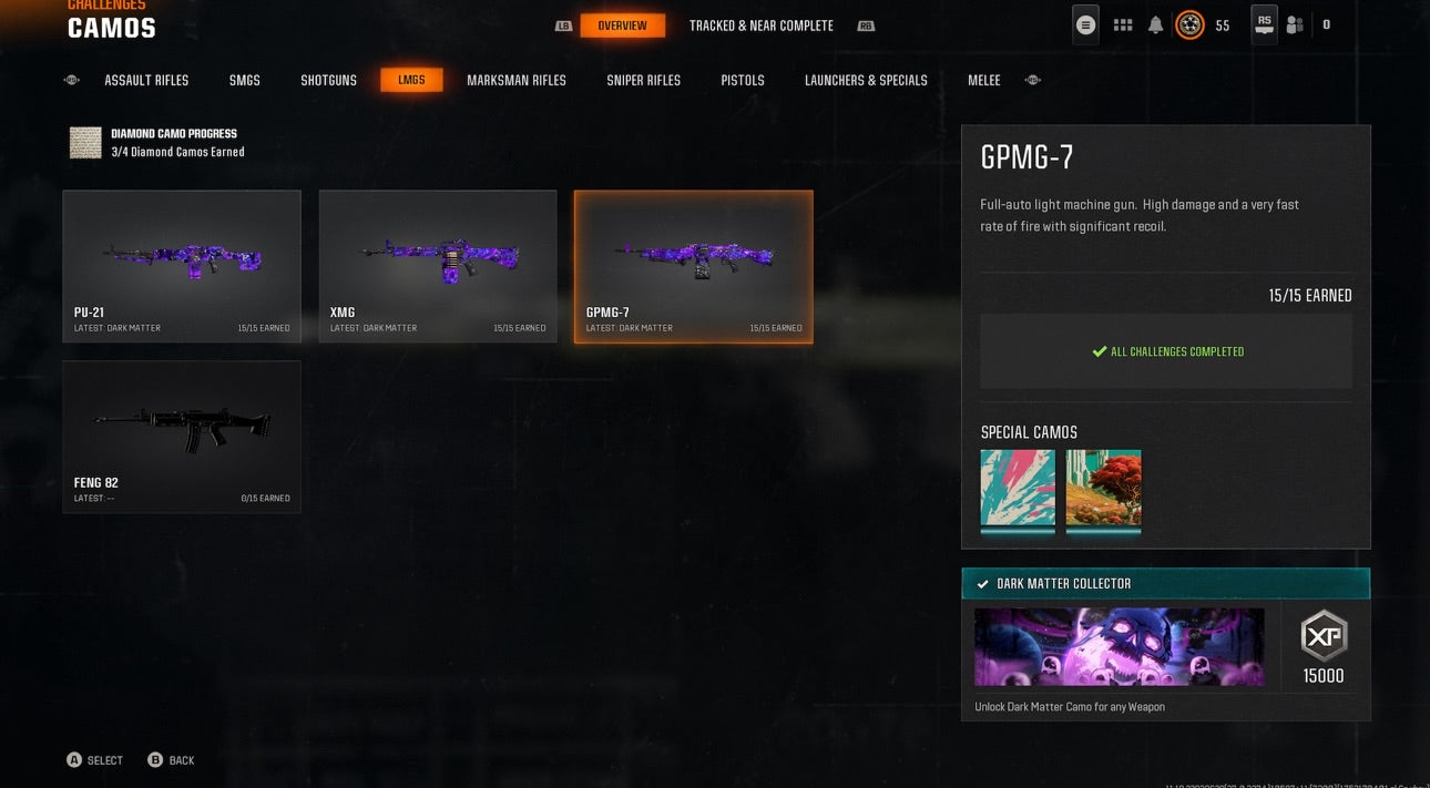 📀 BO6 & WZ4 | 🚧 33x Dark Matter Hand Leveled 9x Meta Guns Loadouts (Snipers , Fear1, C56,Kilo,Ladra,Lc10,KrigC,HDR) | 🪙 500+ Premium Camos | 🧱 Level 55 | 🧿 50 Ranked Wins | 🗺️ Crossplay: Steam • BNET • PSN • Xbox