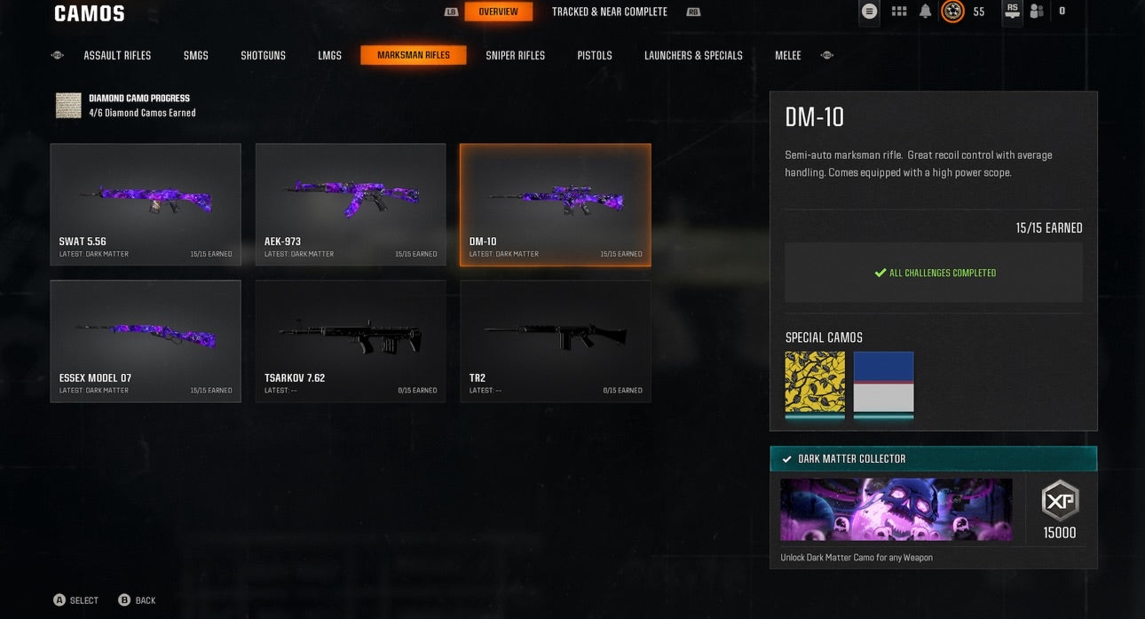 📀 BO6 & WZ4 | 🚧 33x Dark Matter Hand Leveled 9x Meta Guns Loadouts (Snipers , Fear1, C56,Kilo,Ladra,Lc10,KrigC,HDR) | 🪙 500+ Premium Camos | 🧱 Level 55 | 🧿 50 Ranked Wins | 🗺️ Crossplay: Steam • BNET • PSN • Xbox