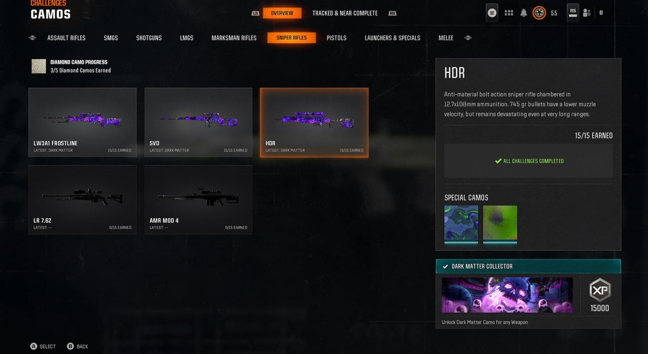 📀 BO6 & WZ4 | 🚧 33x Dark Matter Hand Leveled 9x Meta Guns Loadouts (Snipers , Fear1, C56,Kilo,Ladra,Lc10,KrigC,HDR) | 🪙 500+ Premium Camos | 🧱 Level 55 | 🧿 50 Ranked Wins | 🗺️ Crossplay: Steam • BNET • PSN • Xbox