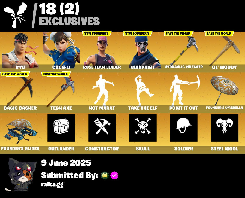 ?[XBOX/NINTENDO/PC]? 55 skins ? OG STW ? Ryu ? Chun-Li ? Lynx ? Calamity ? Ragnarok ? Zenith ? Blackheart ? Dire ? Enforcer ? Drift ? The Prisoner ? Menace ? Fusion ? 100 VB