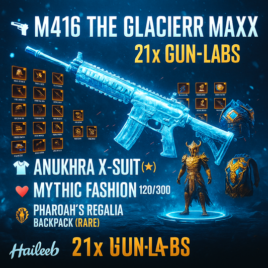 🔫 M416 THE GLACIERR MAXX 🔫 21x GUN-LABSS 🔫 👕 ANUKHRA X-SUIT (2-STAR) ♥️ MYTHIC FASHIONN 120/300 ♥️ 3X GUN-LABSS KILL MSG ♥️ PHAHROAH'S REGALIA BAGPACK RARE