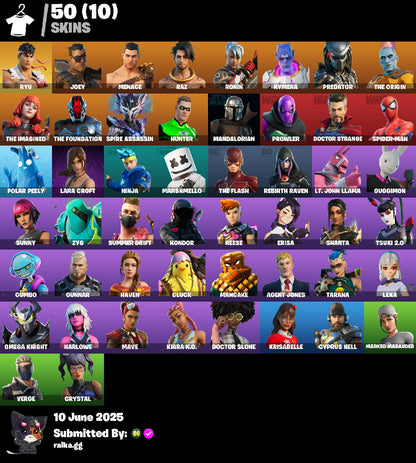 ?[PC/PSN/XBL]? 51 skins ? Marshmello ? Spiderman? Ryu ? Joey ? Menace ? Raz ? Ronin ? Kymera ? Predator ? The Origin ? The Imagined ? The Foundation ? Spire Assassin ? Hunter