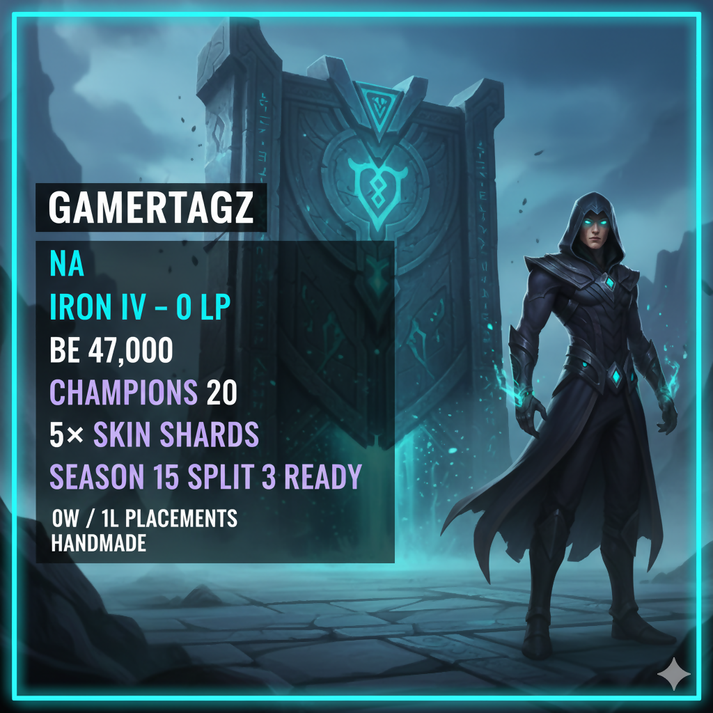 💓 Fast 💓 Season 15 💓 NA 💓 IRON IV 0LP 💓 BE 47,000 💓 Champions 20 💓 5x Skin Shards 💓 0W/ 1L Placements 💓 North America 💓 Season 15 Split 3 Ready 💓 Handmade 💓 #ZjXHnd