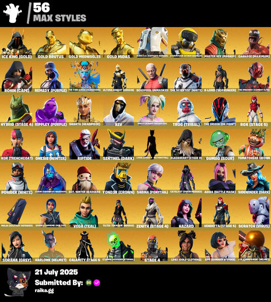 🎯[PC/PSN/XBOX]🎯 107 skins 🔥 Gold Brutus ✨ Gold Meowscles ⚡ Gold Midas 🔥 Carbon Commando 🚨 Trilogy 🚨 Royale Bomber ✨ Point Patroller 🔥 The Origin ⚡Snap |✔️ 50 VB
