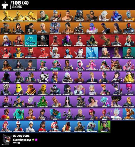  [PC/PSN/XBOX] 108 skins | Gold Midas | Gold Brutus | Gold Meowscles | Rust Bucket | Verve | Rage | Astroworld Cyclone | Monster Team Banner | 1100 VB