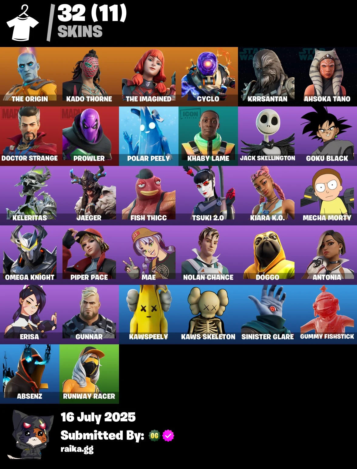 ✨[PC/PSN/XBOX]✨32 skins | The Imagined | Cyclo | Kado Thorne | The Origin | Krrsantan | Ahsoka Tano | Doctor Strange | Prowler | Polar Peely | Khaby Lame | 1100 VB