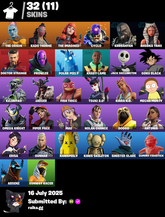 ✨[PC/PSN/XBOX]✨32 skins | The Imagined | Cyclo | Kado Thorne | The Origin | Krrsantan | Ahsoka Tano | Doctor Strange | Prowler | Polar Peely | Khaby Lame | 1100 VB