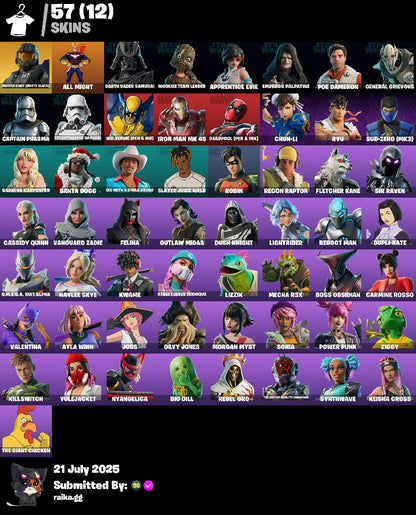 ? 57 skins ? Master Chief (Matte Black) | All Might | Darth Vader Samurai | Wookiee Team Leader | Apprentice Evie | Emperor Palpatine | 150 VB
