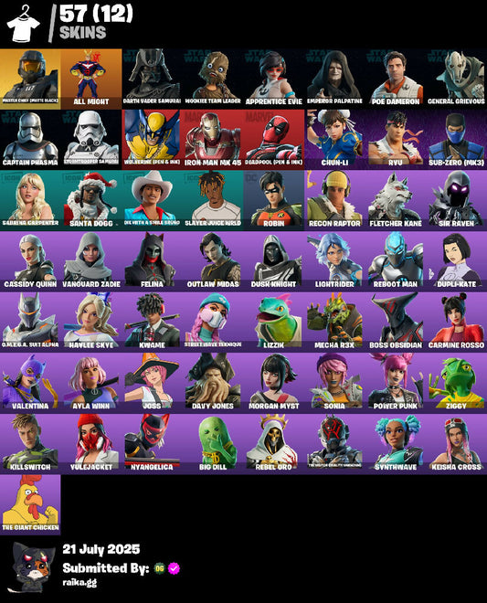 ? 57 skins ? Master Chief (Matte Black) | All Might | Darth Vader Samurai | Wookiee Team Leader | Apprentice Evie | Emperor Palpatine | 150 VB