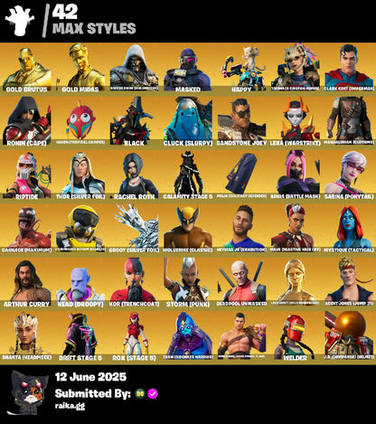 ? 124 SKINS ? Blue Team Leader ✨ Gold Midas ? Gold Brutus ✨ Cloud Striker ? Blue Striker ✨ Eternal Knight ? Ronin ✨ Kymera ✨ Menace ? 1050 VB