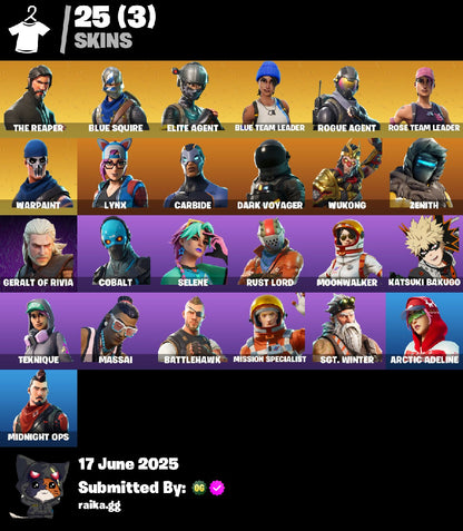 [PC/PSN/XBOX] 25 skins | OG STW | The Reaper | Blue Squire | Elite Agent | Blue Team Leader | Take The L | Rogue Agent | Lynx | Carbide | Dark Voyager | Wukong | 0 VB