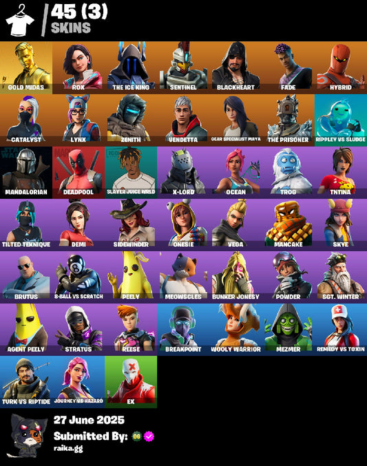⚡[PC/PSN/XBOX] 45 skins | Gold Midas | Rox | The Ice King | Sentinel | Blackheart | Fade | Hybrid | Catalyst | Lynx | Zenith | Vendetta | Gear Specialist Maya | 500 VB
