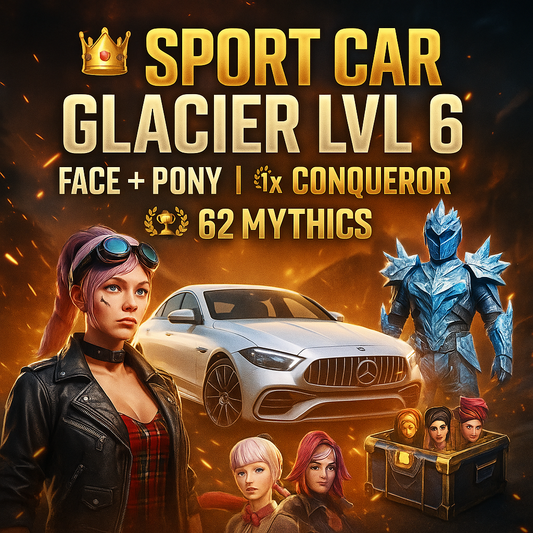 👑 SPORT CAR | GLACIER LVL 6 | FACE +PONY | 1x CONQUEROR | 62 MYTHICS