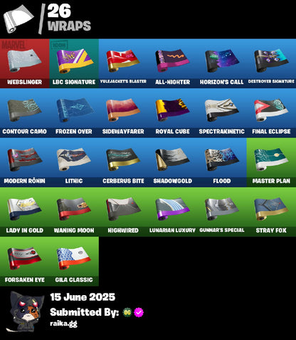 24 skins | Championship Aura | Mizuki | Renzo the Destroyer | Black Widow (Snow Suit) | Santa Dogg | Thunder | Imani | Captain Hypatia | 200 VB